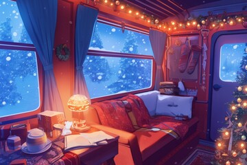 Cozy compartment in the Polar Express decorated with holiday lights, Cozy vibe, Generative A