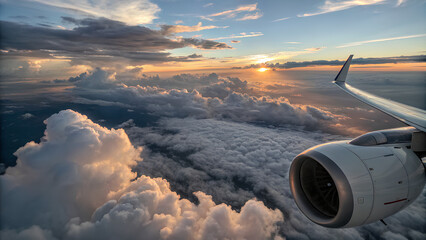Aerial photography with clouds and aircraft engine in the morning