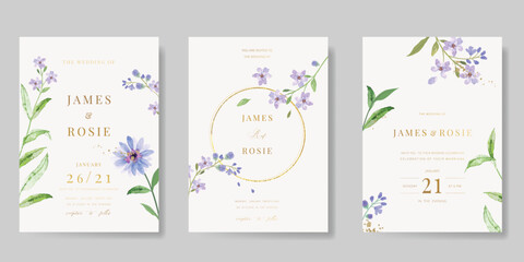 Elegant wedding invitation card background vector. Minimal hand painted purple and blue watercolor botanical flowers texture. Design illustration for wedding, vip cover, poster, rsvp modern card.