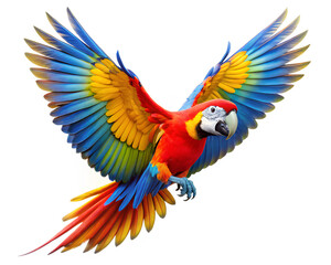 Obraz premium Flying macaw Parrot with vibrant on white background, Clipping path