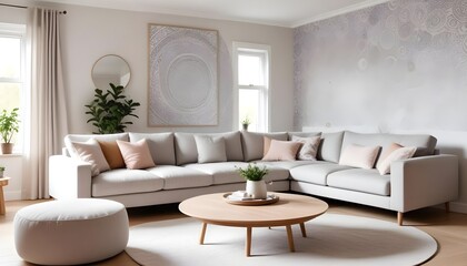 Scandinavian living room interior design zoom background,Doodle patterned wallpaper graphics