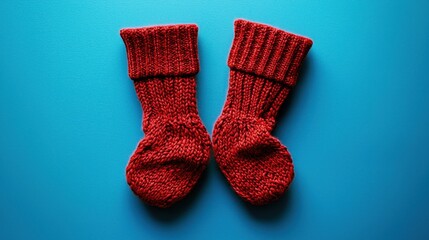 A pair of cozy red knitted socks on a blue background.