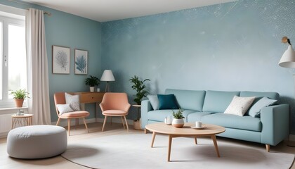 Scandinavian living room interior design zoom background,Doodle patterned wallpaper graphics