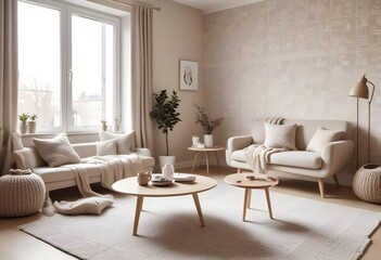 Scandinavian living room interior design zoom background,Doodle patterned wallpaper graphics