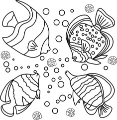 ocean coloring book, underwater scenes, fish coloring pages, easy fish coloring,