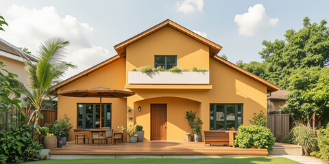 A charming yellow house with a tiled roof and a lush garden, presenting a warm suburban vibe with outdoor seating for real estate.
