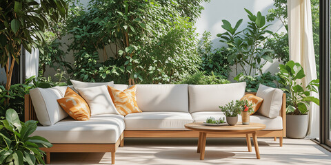 Obraz premium A cozy outdoor seating area featuring a light-colored sofa adorned with cushions, surrounded by lush plants creating a tranquil and inviting atmosphere for lifestyle.