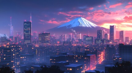 Obraz premium A stunning, digitally-painted cityscape with Mount Fuji in the background, glowing with warm, neon-colored lights.