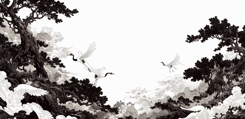 A minimalist illustration depicting cranes flying amidst stylized trees and clouds in black and white, representing harmony with nature for graphic resources.