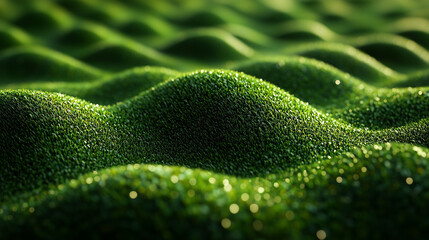 The rolling hills of vibrant green stretch endlessly, illuminated by gentle sunlight. This tranquil landscape evokes a soothing sense of peace and connection to nature.