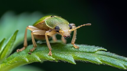 Fototapeta premium The bug on the plant is small and green, with six legs and a segmented body. It has tiny black eyes and wings that are folded neatly on its back