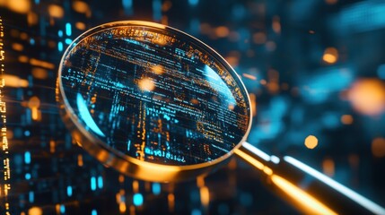 A magnifying glass focusing on digital data, symbolizing analysis and investigation.