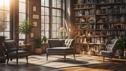 Fototapeta premium A cozy reading nook featuring a grey sofa and armchairs, surrounded by large windows and shelves filled with books, illuminated by warm sunlight for lifestyle.