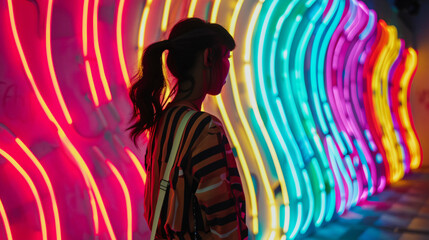 Obraz premium A silhouette of a person standing against a vibrant wall of neon lights, creating a striking visual contrast for lifestyle.