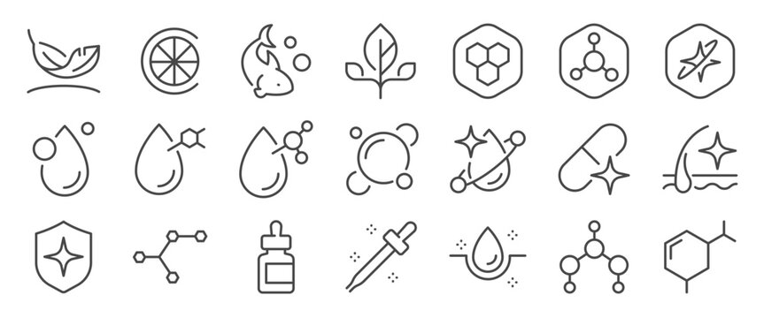 Beauty Benefit dietary supplements icon set. It included contexts such as vitamin, mineral, oil, cosmetic, properties, and more. Editable Vector Stroke.