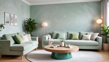 Scandinavian living room interior design zoom background,Doodle patterned wallpaper graphics