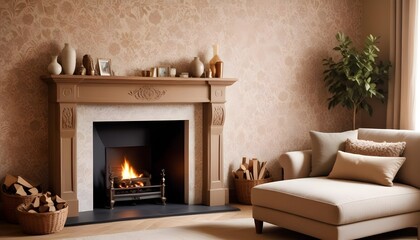 Scandinavian living room interior design zoom background,Doodle patterned wallpaper graphics