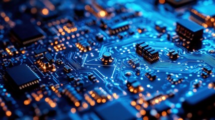 Fototapeta premium Close-up of a circuit board showcasing intricate electronic components and connections.