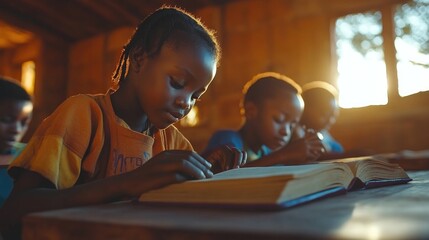 equality education volunteer service concept picture of underprivileged and poor black African primary student is reading text book while learning at school. 