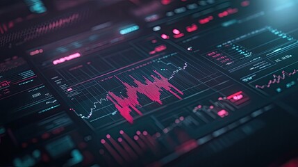 A close-up of a screen displaying financial data with a prominent pink line graph, illustrating market trends.