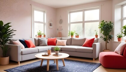 Scandinavian living room interior design zoom background,Doodle patterned wallpaper graphics