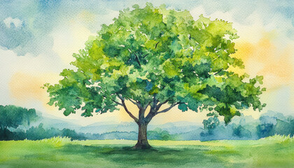 Fototapeta premium Lush green summer tree in vibrant watercolor, surrounded by nature beauty. This serene landscape captures essence of tranquility and growth