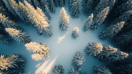 Aerial view of a snowy forest canopy with sunlight filtering through the snow.