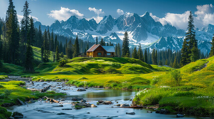 Serene green landscape featuring snowy mountain peaks and a small house on a hill surrounded by nature meadows and trees