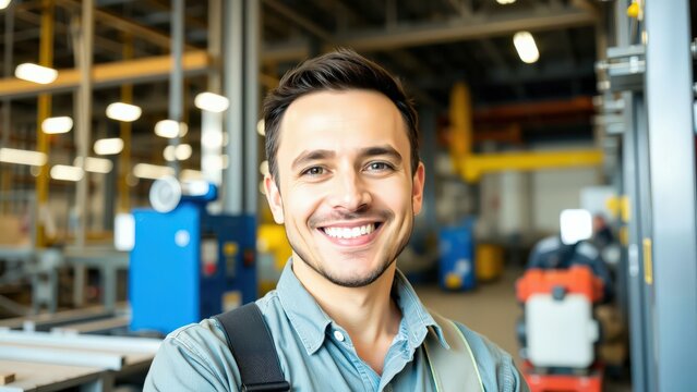Happy Young Man in Industrial Setting, Perfect for Business and Marketing Materials, Conveying Positivity and Professionalism