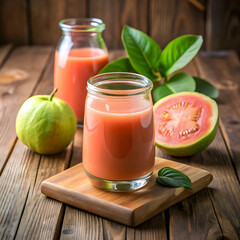 guava juice in glass with jar of juice on wood tab