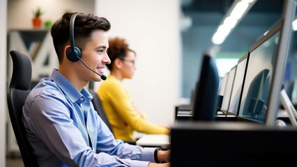 Professional Call Center Agents Using Computers and Headsets in Modern Office Setting, Ideal for Business and Technology Websites