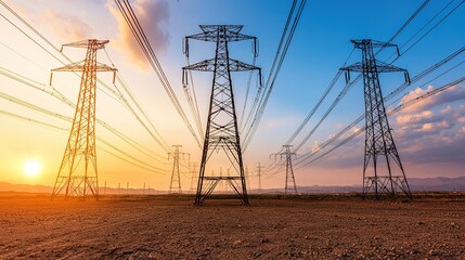 A wide-angle shot of high voltage electric poles running across a barren desert landscape