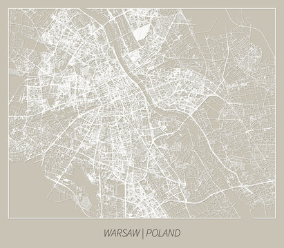 Warsaw (Masovian, Poland) street map outline for poster, paper cutting.