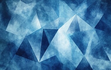 Abstract blue geometric background with textured watercolor effect. This abstract background features a geometric pattern of triangles in various shades of blue