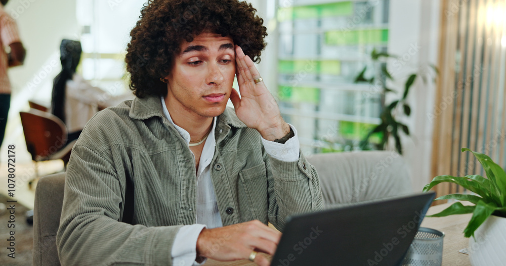 Poster school, tired student and man on laptop for online research, studying and learning at college. unive