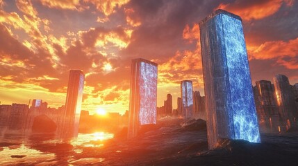 Futuristic cityscape with glowing blue pillars at sunset.