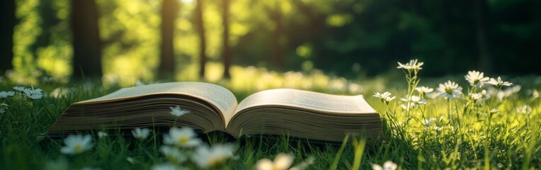 An open book lies flat on vibrant green grass, surrounded by delicate flowers. Sunlight filters through trees, creating a peaceful atmosphere in the morning