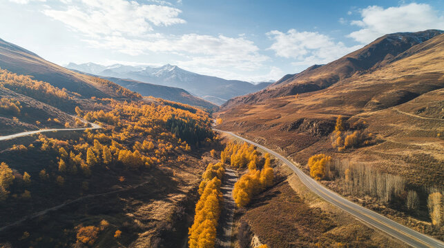"Stock photo of an aerial view of a serpentine road winding through a mountain during autumn."






