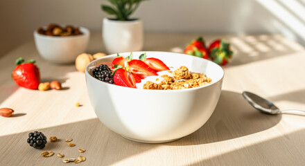 Healthy breakfast bowl with granola, fresh berries, and yogurt in sunlit kitchen