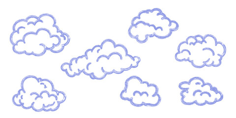 Set chalk pencil grunge doodle cloud. White crayon drawn clouds in kids style.