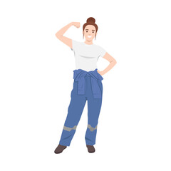 Fototapeta premium Young woman car technician in uniform standing flexing her muscle. Flat vector illustration isolated on white background