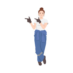 Young woman car technician in uniform and glove pointing something. Flat vector illustration isolated on white background