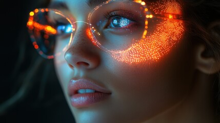 Futuristic Woman Wearing Illuminated Glasses with Vibrant Digital Lighting and Intricate Details in a Dark Setting