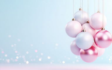 Fototapeta premium Christmas ornaments in pastel colors hanging against soft blue background, creating festive and cheerful atmosphere perfect for holiday celebrations