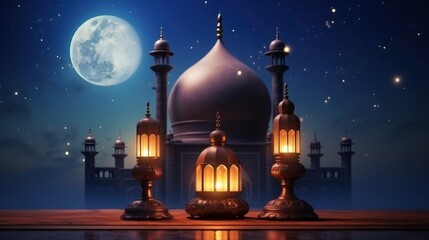 Obraz premium Serene Night with Lanterns and a Mosque Under Moonlight