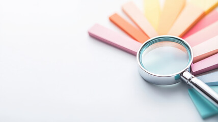 magnifying glass rests on colorful array of paint swatches, symbolizing creativity and exploration in design. vibrant colors inspire artistic choices and innovation