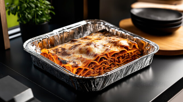 Freshly baked lasagna in a foil tray with a crispy cheese topping on a kitchen countertop