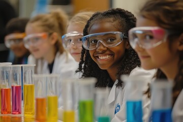 A group of young students all safety equipment engaged in a science experiment in a laboratory