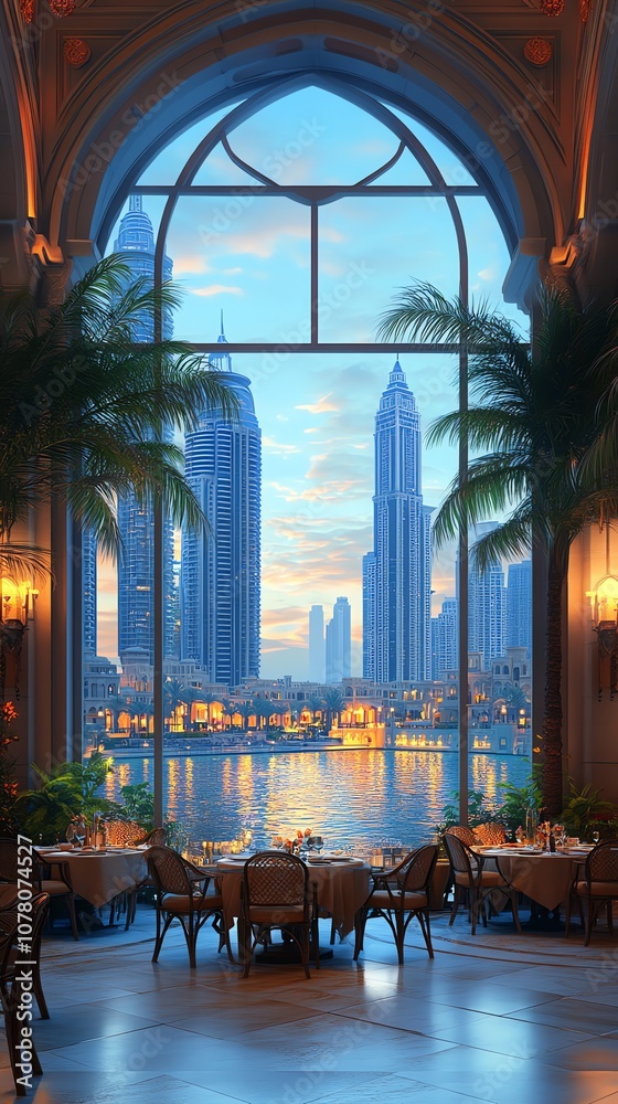 Poster A view of a cityscape through a large arched window from a dining room with palm trees.