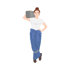 Young woman car technician in uniform carrying car jack box. Flat vector illustration isolated on white background